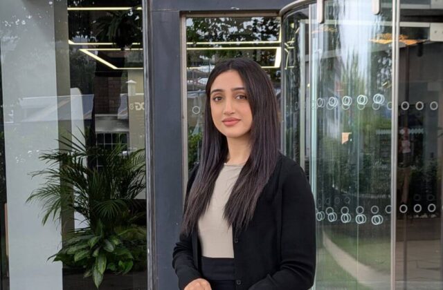 Selma Rehman outside HCC Solicitors' offices in Manchester