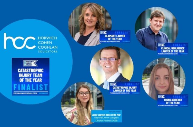 Graphic containing award logos and images of Kellly Hutton, Mike Molloy, Joe Speed, Kate Daflon and Daisy Doardo from HCC Solicitors